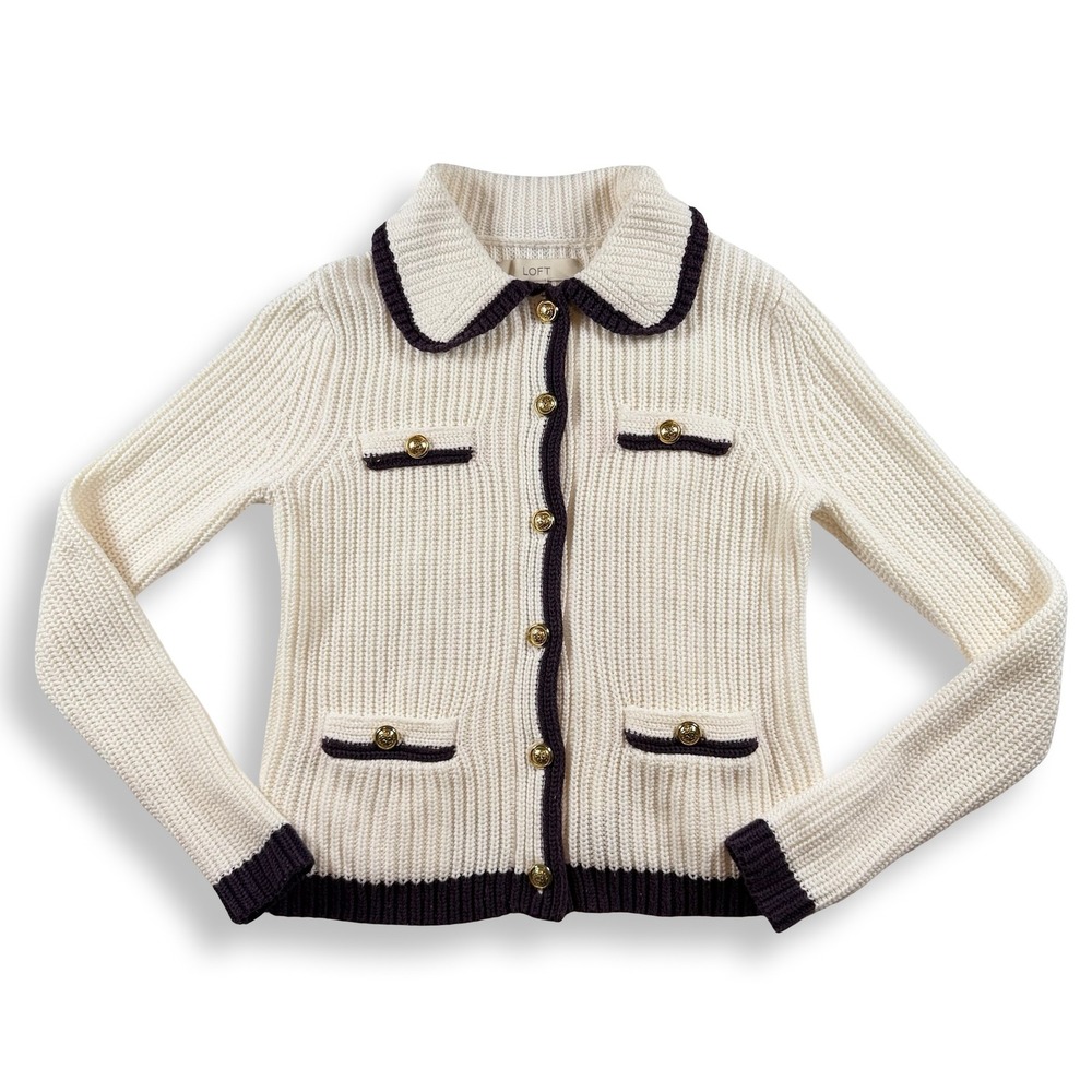 LOFT Cream Ribbed Knit Contrast Trim Cardigan Lady Jacket Gold Buttons XS